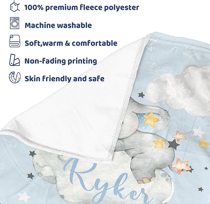J&SBGFT Personalized Baby Blanket for Boys, Custom Baby Blanket with Name, Toddler Kids Nursery Stroller Crib Decor Throw, Sleeping Elephant