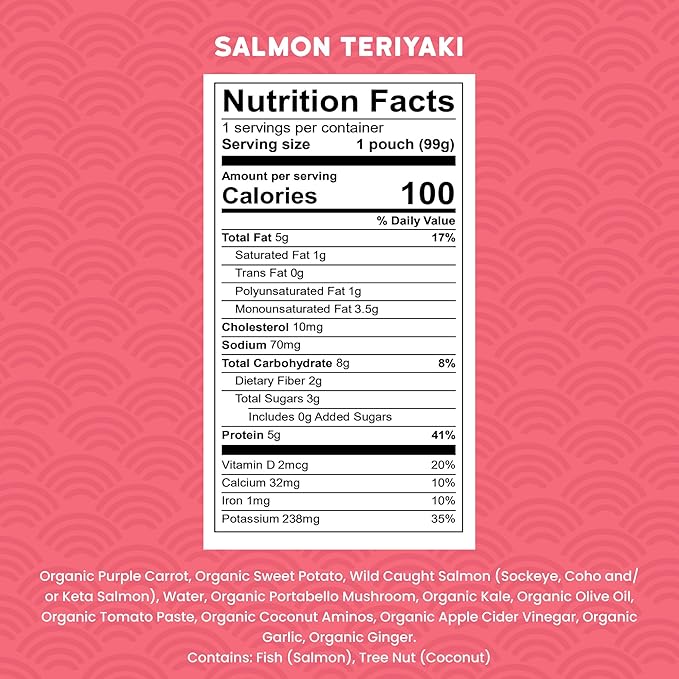 Serenity Kids 6+ Months Organic Baby Food Pouch - 3.5 oz, Pack of 12, Salmon Teriyaki - 5g Protein Nutrient-Packed Puree - Savory Salmon Teriyaki - No Added Sugar - On-The-Go Pouch for Baby Snacks