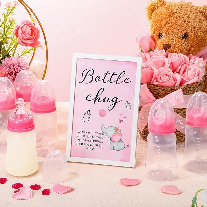 Roowest Bottle Chug Baby Shower Game Favors Including Pink Elephant Theme Wooden Sign and 18 Pcs Baby Bottles for Gender Reveal Party Supplies