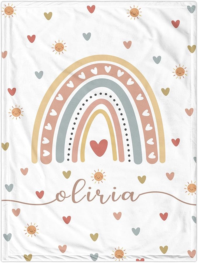Personalized Baby Girl Blankets with Name, Custom Boho Rainbow Swaddle Blanket for Girls, Customize Newborn Shower Gifts for Baby Girl, Christmas Birthday Expecting Mom Gifts