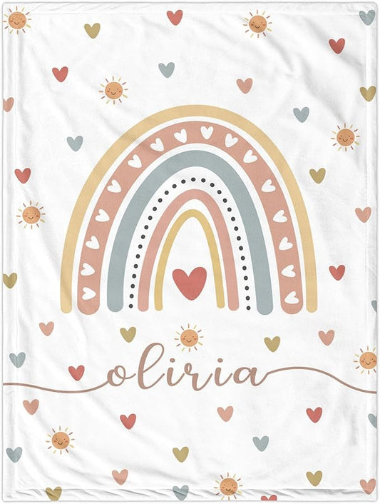 Personalized Baby Girl Blankets with Name, Custom Boho Rainbow Swaddle Blanket for Girls, Customize Newborn Shower Gifts for Baby Girl, Christmas Birthday Expecting Mom Gifts