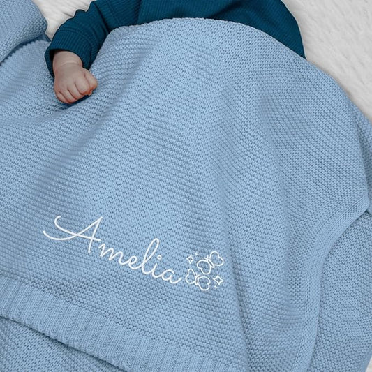 Personalized Baby Blanket, Embroidered Name, 100% Cotton Handmade Custom Blanket, 350GSM Knit Blankets, Newborn Boy Or Girl Baby Gift