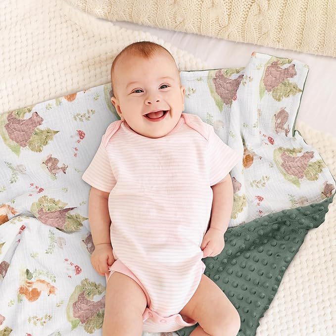 GLLQUEN BABY Blankets for Unisex Newborn Super Soft Nursery Minky Blankets with Muslin Cotton Front and Dotted Fleece Backing, Forest Stories, 30 x 40 inches