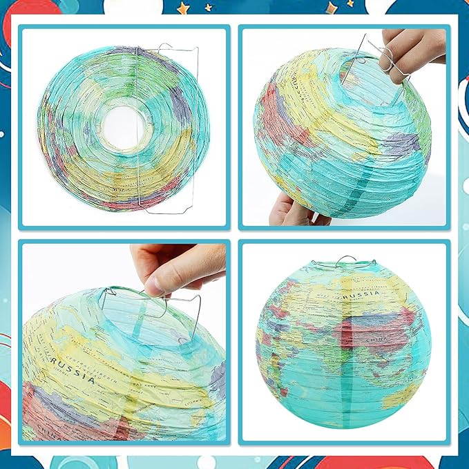 14Pcs World Map Paper Lanterns Classroom Decorations 10 in and 8 in Classroom Hanging Ceiling Decor Earth Globe Lantern Fans for Back to School Around Travel Earth Theme Party Decor Supplies