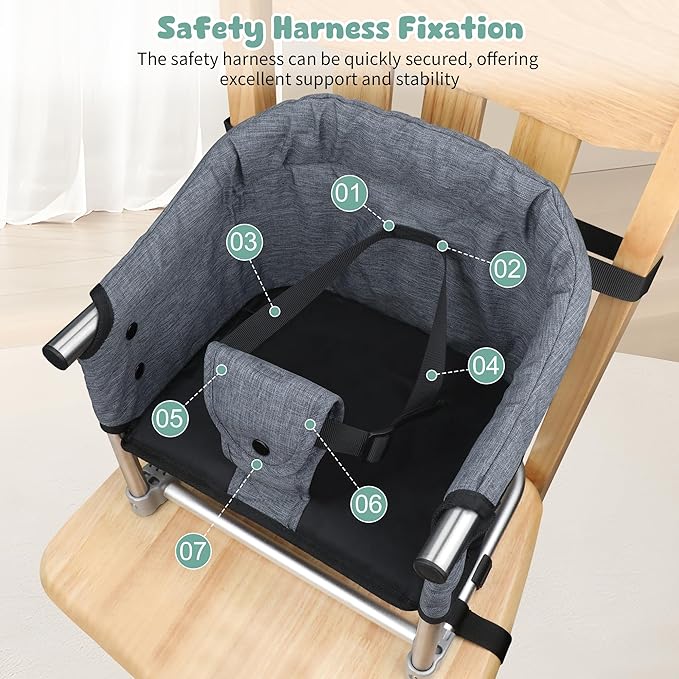 Booster Seat for Dining Table: Portable Toddler Booster Chair with Safety Buckle and Height Adjustable, Foldable Baby Feeding Chair, Kids High Chair Booster Seat for Kitchen Home Travel - Grey