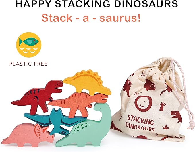 Mentari Toys - Happy Stacking Dinosaurs - 6pc Wooden Stacking Toy for Toddlers - Colorful Dinosaur Balancing Activity Toy with Bag - Boost Fine Motor Skills and Dexterity - Age 18m+
