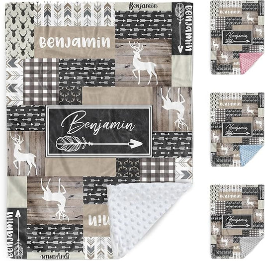 Custom Baby Blanket, Personalized Name Baby Blanket for Boys Girls, Woodland Deer Double Layer Dotted Backing Receiving Swaddle Blankets, Nursery Newborns New Parents Customized Gifts(30"x40")