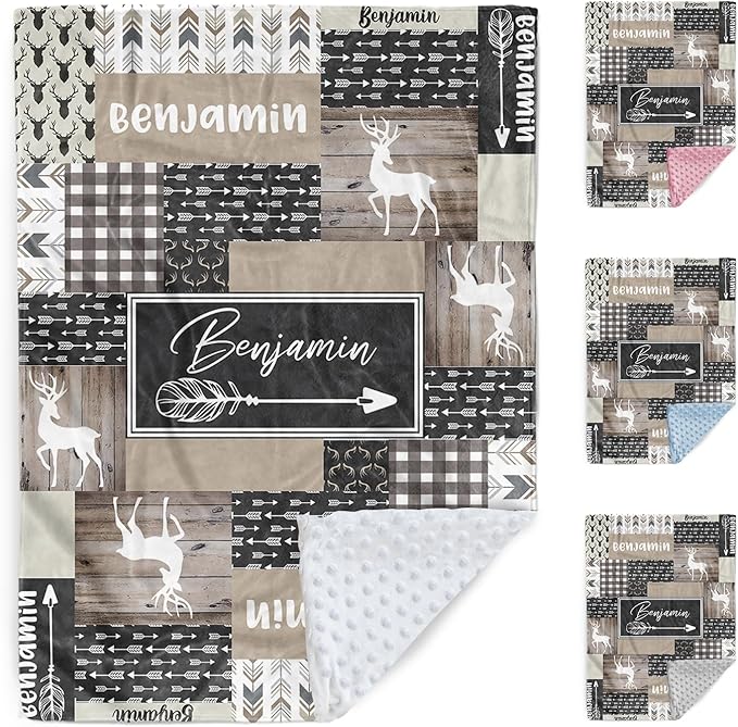 Custom Baby Blanket, Personalized Name Baby Blanket for Boys Girls, Woodland Deer Double Layer Dotted Backing Receiving Swaddle Blankets, Nursery Newborns New Parents Customized Gifts(60"x80")