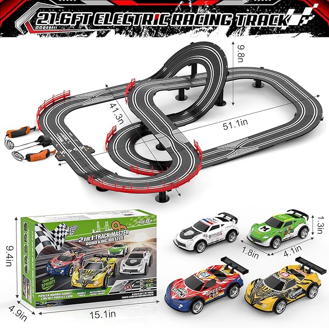2 in 1 Slot Car Race Track Sets with 4 Slot Cars, 1:43 Electric Car Track for Boys, Dual Racing Game Lap Counter Circular Slope Track Sets, Birthday Gifts Toys for Boys Kids Ages 6 7 8 9 10 11 12