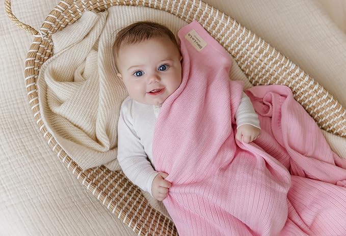 Organic Ribbed Swaddle Blanket for Boys & Girls - 100% Luxury Organic Soft Cotton Knit Warm Cozy Cuddle Stroller Blanket for Newborns, Infants, & Toddlers (Bubblegum)