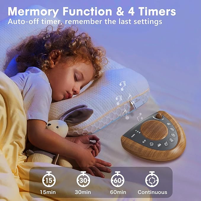 Raynic Noise Machine, Battery Powered Sound Machine, Portable Sleep Machine with 36 Natural Soothing Sounds, Timer, USB Port, Headphone Jack for Baby, Kids, Adults, Travel, Office (Yellow Wood Grain)