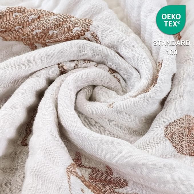 BOPRIO Ultra Soft Muslin Baby Blanket 6 Layers Neutral Swaddles Bed Blankets with Lovey Animal Design for Newborn Babies Kids Toddlers 43 x 43 Inch (Brown Woodland)