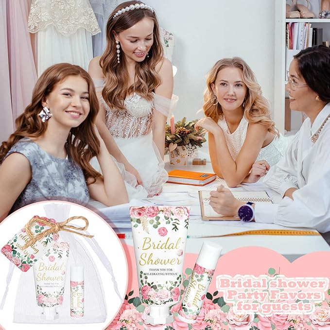 24 Sets Hand Cream and Lip Balm Gift Bridal Baby Shower Party Supply Travel Size Hand Lotion and Lip Balm Bulk with Organza Bag and Tag Wedding Baby Shower Party(Cherry,Floral)