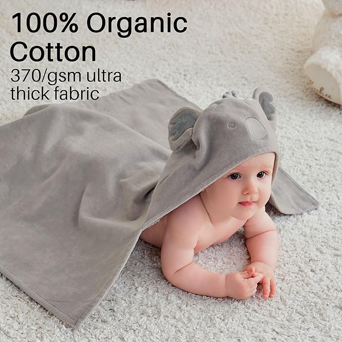 Viviland 2 Pack Hooded Baby Towels, Soft 100% Cotton Baby Bath Towels with Hood, Extra Thick and Absorbent, Essential for Newborns, Kids, Infants - Girls and Boys (Blue Elephant & Koala)