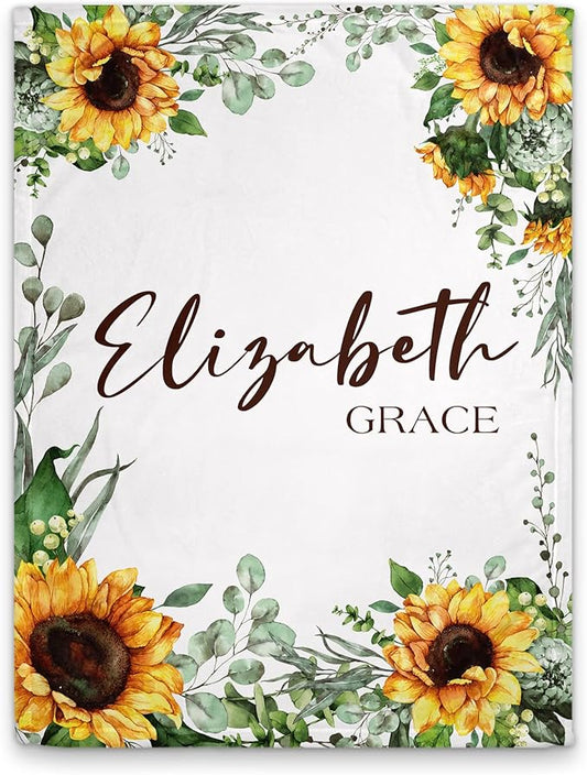 Girls Love A Monogram - Personalzied Custom Floral Baby Blankets for Girls with Name - Personalized Girl Shower Gifts (Sunflower 2, 30 X 40 Baby)