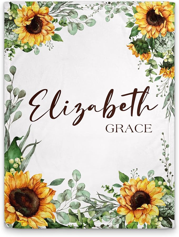 Girls Love A Monogram - Personalzied Floral Baby Blankets for Girls - Custom Baby Blankets for Girls with Name - Personalized Baby Girl Shower Gifts (Sunflower 2, 50 X 60 Kids)
