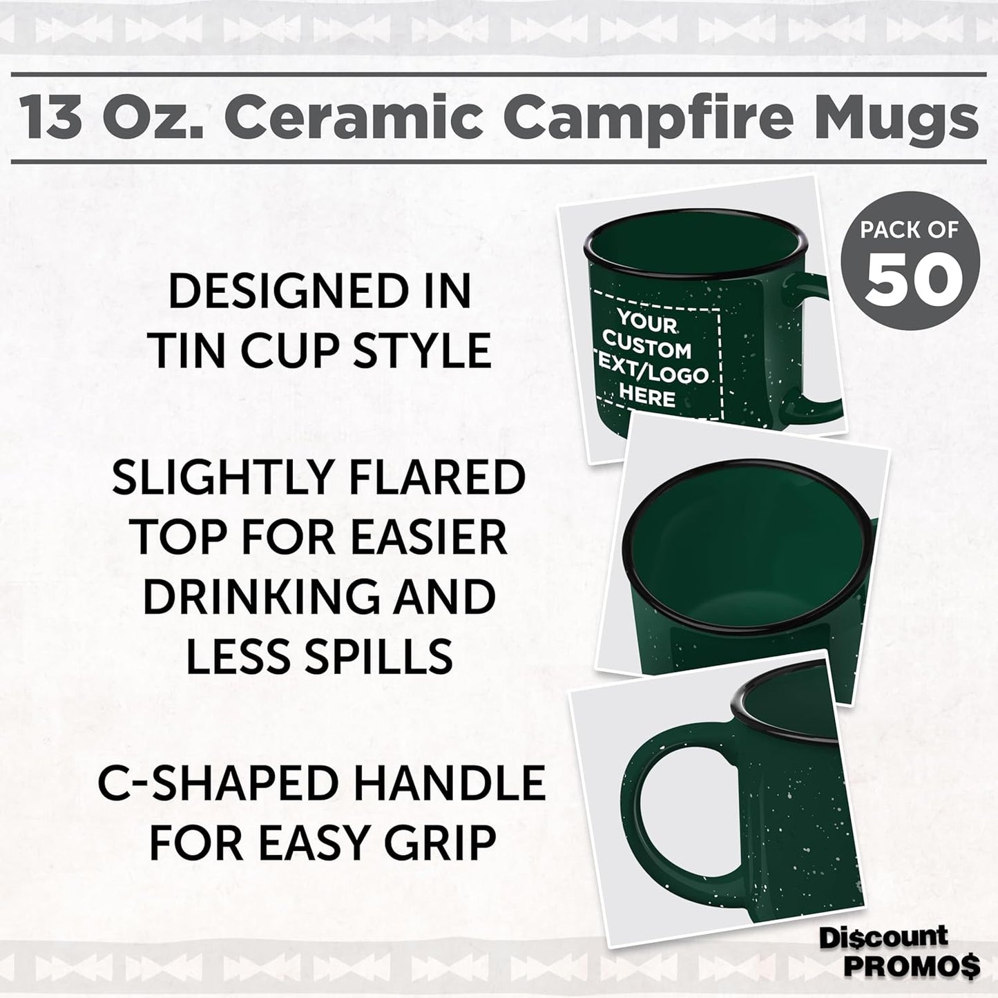 DISCOUNT PROMOS Custom Ceramic Campfire Coffee Mugs 13 oz. Set of 50, Personalized Bulk Pack - Perfect for Tea, Espresso, Cappuccino, Hot Cocoa - Green