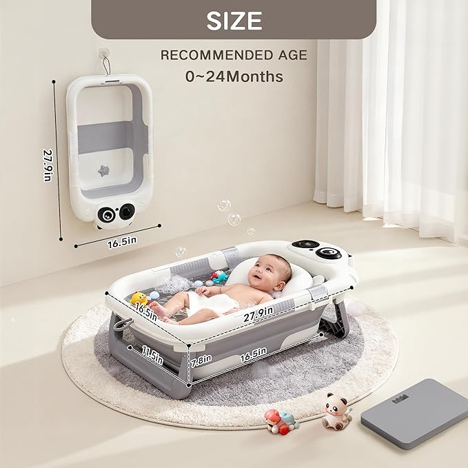 Collapsible Baby Bathtub for Newborn, Baby Bath Tub with Thermometer & Soft Floating Cushion & Drain Hole for Infant to Toddler, Portable Travel Bathtub with No-Slip Feet for 0-36 Months-Gray