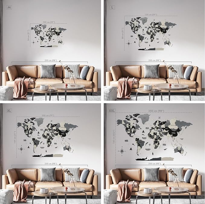 Colorfull Worlds 3D Wooden World Map Wall Art | Unique Wall Decor with Pins for Travel Enthusiasts | Home and Office Wall Décor | Grey | Medium