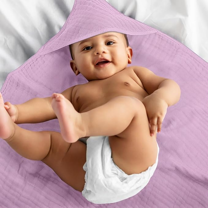 Preboun 6 Pcs Muslin Hooded Baby Towels and Washcloths 32"x 32" Cotton Newborn Bath Towel Anti-Shrink Infant Baby Blankets with Hood 12"x 12" Washcloths for Girl Boy Toddler(Light Pink,Purple)