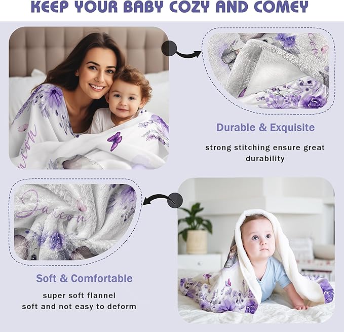 Custom Baby Blanket with Name Personalized Baby Name Blankets for Girls Customized Elephant Blanket for Baby Shower Birthday Christmas Newborn Gifts