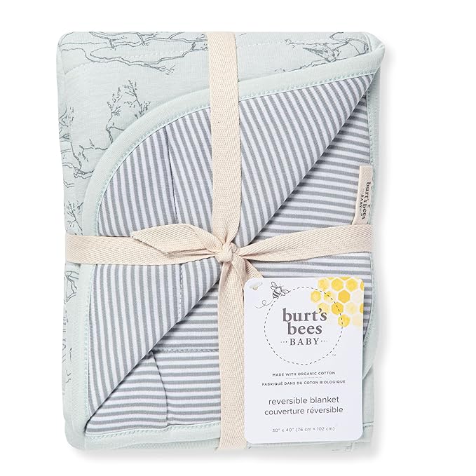Burt's Bees Baby Reversible Blanket, Nursery, Stroller & Tummy-Time Organic Jersey Cotton Quilted Infant & Toddler Bedding