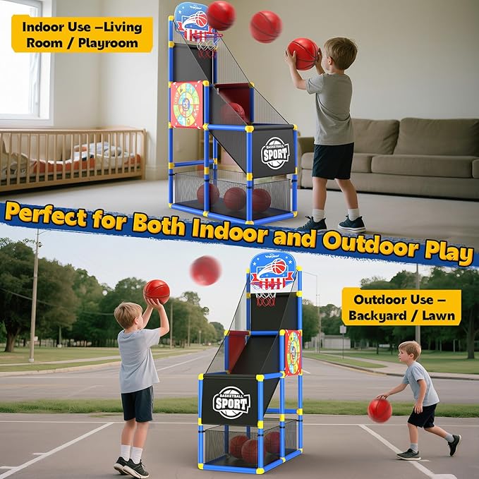 EagleStone 2-in-1 Kids Arcade Basketball Hoop with Dart Board,4 Balls Adjustable Height Basketball Toy Indoor Outdoor Carnival Games Gift for Boys Girls Toddlers Ages 3-12 Years Old,Pump Included
