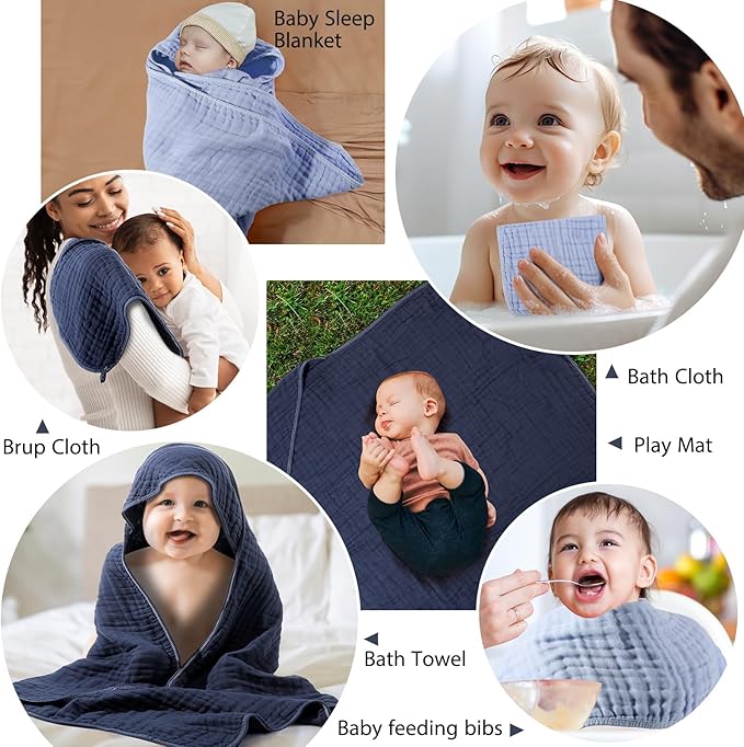 VitalCozy 6 Pcs Baby Muslin Hooded Bath Towels and Washcloths, 32 x 32 Inch Muslin Cotton Hooded Baby Towels Absorbent Hooded Blankets for Gift Newborn Infant Shower (Dark Blue,Light Blue)