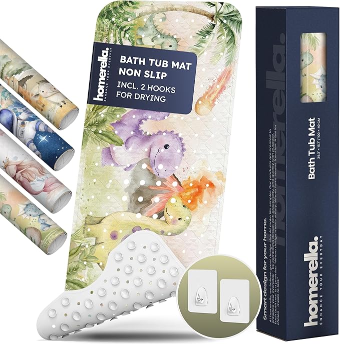 Homerella Baby Bath Tub Mat | Anti Mold Mildew Resistant Non Slip Kids and Adult Bath Tub Shower Mats | 40x16 inch Long with Suction Cups for Secure Grip Hooks for Storage & Drying | Machine Washable