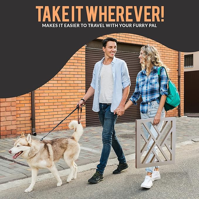 Bundaloo Freestanding Dog Gate Expandable Decorative Wooden Fence for Small to Medium Pet Dogs, Barrier for Stairs, Doorways, & Hallways (Crisscross - Grey)