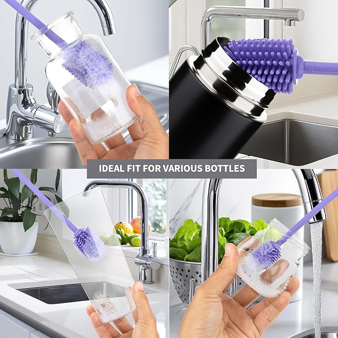 A-Brush Silicone Bottle Cleaner Brush, 3 Piece Set, Flexible, Long Handle - Water Bottle Cleaner, Baby Bottle Nipple Brush for Plastic & Glass, BPA-Free Dish Washing Brush A2S Protection