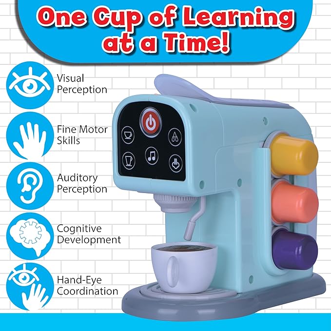 Small World Toys Kids Coffee Maker with Lights and Sound, Cuppa Joe Coffee Maker with Cup and Pods, Automatic Shut-Off Espresso Machine, Realistic Kids Coffee Playset, Gift for Girls and Boys