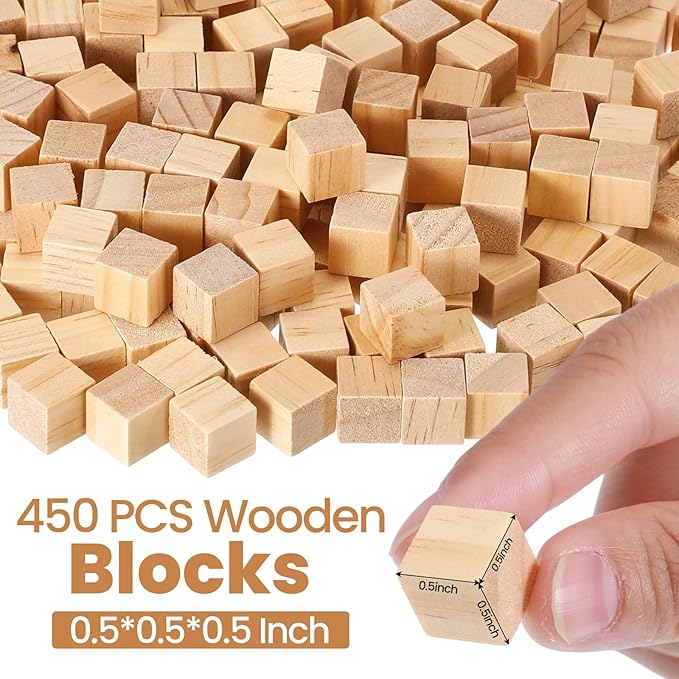 Barydat 450 Pcs 0.5 in Wooden Cubes, Unfinished Wooden Blocks for Crafting Natural Craft Wood Square Blank Cube for DIY Project Baby Showers