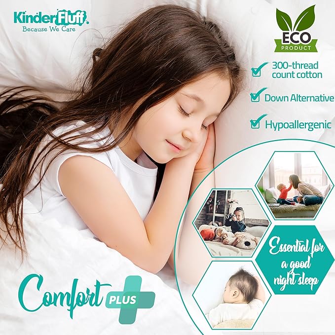 kinder Fluff Toddler Pillows (2pk) - The only Pillow for Kids 300T Cotton Shell & Down Alternative Fill - Machine Washable, Ideal Cushion for Kids Above 2 Years (13x18in - White)