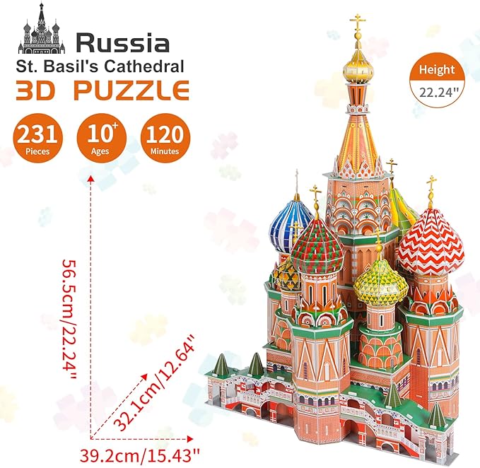 3D Puzzles for Adults & Kids St. Basil's Cathedral Building Set, Russia Cathedral Architecture Craft Model Kits, Educational 3D Jigsaw Puzzle Toy Birthday for Teens Boys Girls, 231 PCS