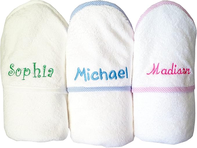 Custom Personalized Embroidered Cotton White w/Blue Bath Baby Hooded Towel