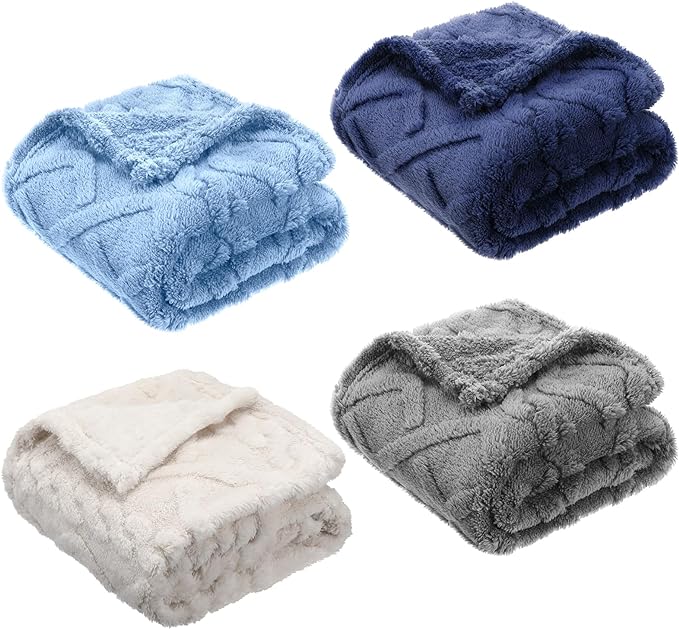 VitalCozy 4 Pcs Fluffy Baby Blanket Fleece 30" x 40" 3D for Boys Nursery Little Girl Infant or Newborn Receiving Swaddling Blankets(Blue Set)