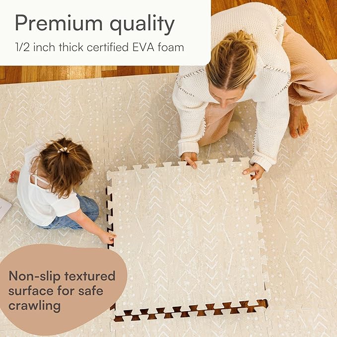Lillefolk Baby Play Mat for Floor – 8x8ft Beige | Soft Non Toxic Premium EVA Foam Tiles for Tummy Time, Crawling & Playroom – Waterproof for Hard Floors Mat for Babies & Toddlers (16 Tiles)