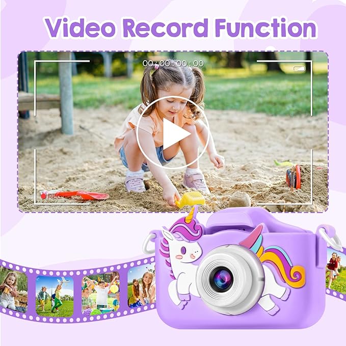 Kids Camera, Toys for Toddlers Age 3-8 Year Old Girl Christmas Birthday Gifts, Children Digital Camera with Cartoon Soft Silicone Cover and 32GB Card (Violet)