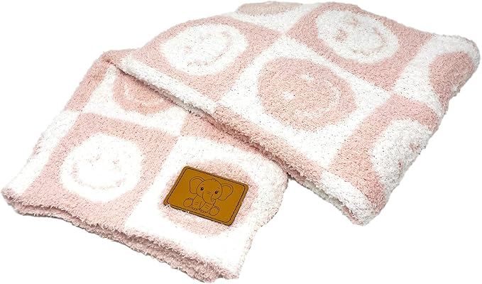 Checkered Smiley Face Baby Blanket 28"x40" - DreamSoft Knit Throw for Crib, Stroller or Car Seat - Receiving Blanket/Newborn Nursery Gift Essential for Toddler, Infant, Kids, Boys & Girls (Pink/White)