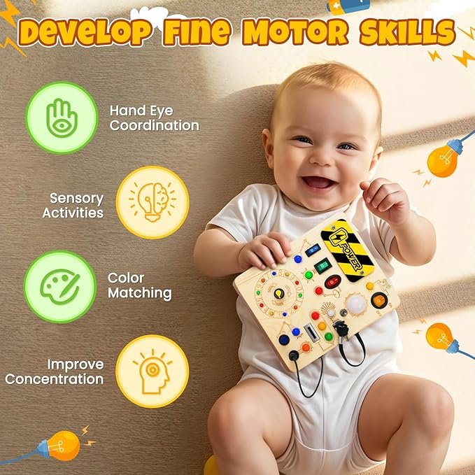 Busy Board, Montessori Toys for 1+ Year Old, Busy Board with 13 Led Light, Wooden Toddler Educational Travel Toy, 1 Year Old Boy&Girl Gifts