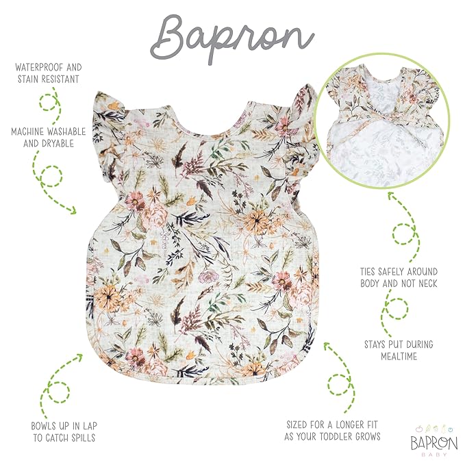 BapronBaby Flutter Delilah Floral Bapron - No Neck Tie Safer Bib for Baby & Toddler - Soft Waterproof Stain Resistant - Machine Washable - Sz Baby/Toddler 6m-3T