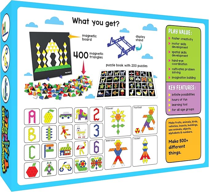 Magnetic Tangram Puzzles Toys for Kids | 400 Magnet Triangles Shapes with 200 Patterns Booklet, Board & Display stand | STEM Educational and learning Games for Ages 4 5 6+ Years|Gifts for Girls & Boys