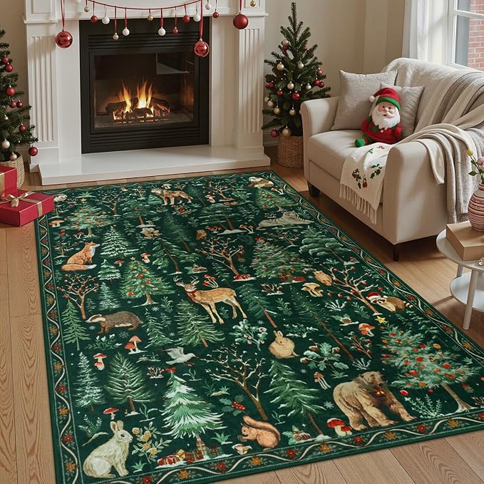 OJIA Christmas Area Rug 5x7 Washable Rugs for Living Room, Green Animal Bedroom Carpet Ultra-Thin Non-Slip Nursery Rug, Xmas Holiday Rug Indoor Carpet for Kids Playroom Entryway Dining Room