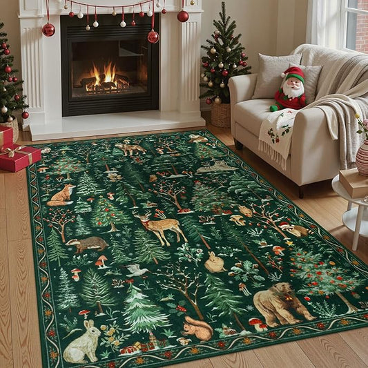 OJIA Christmas Area Rug 5x7 Washable Rugs for Living Room, Green Animal Bedroom Carpet Ultra-Thin Non-Slip Nursery Rug, Xmas Holiday Rug Indoor Carpet for Kids Playroom Entryway Dining Room