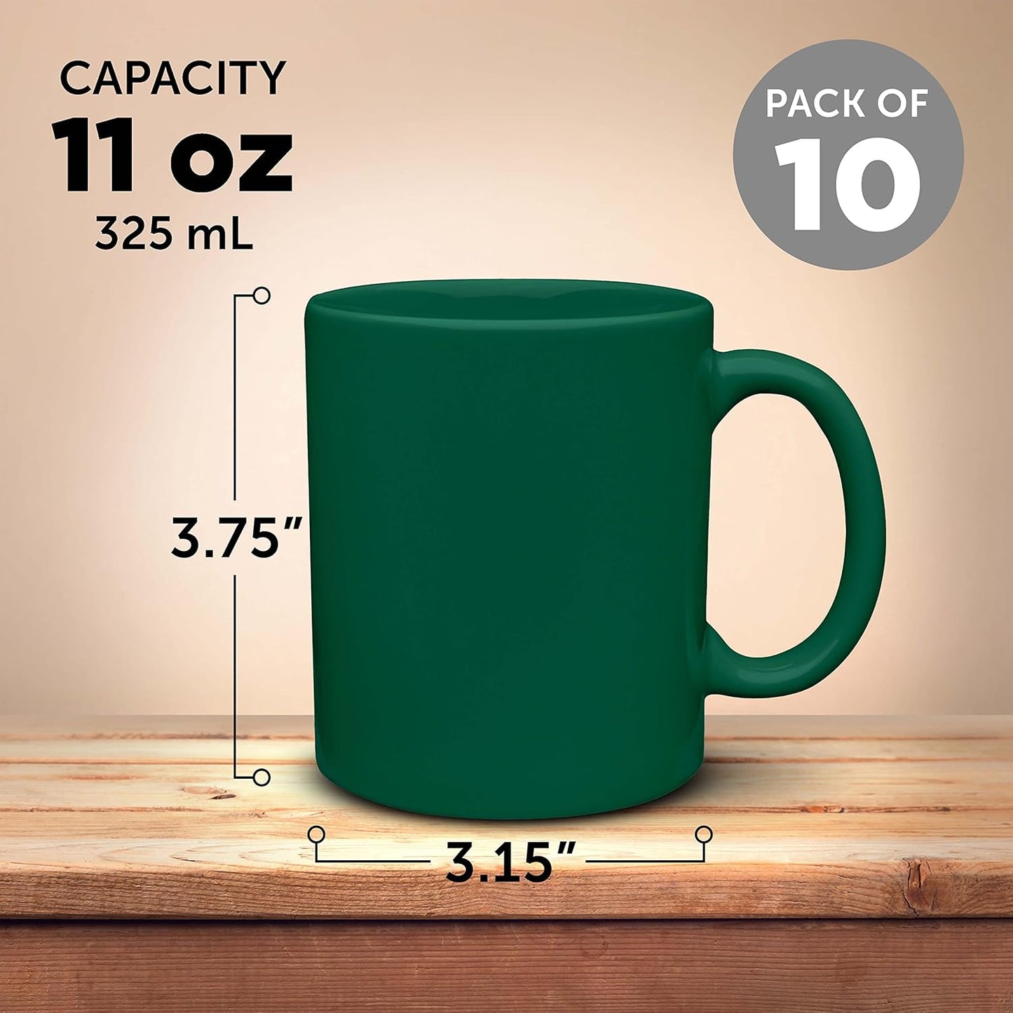 DISCOUNT PROMOS Ceramic Coffee Mugs 11 oz. Set of 10, Bulk Pack - Coffee cup set, Iced coffee cup, Gaming mug - Green
