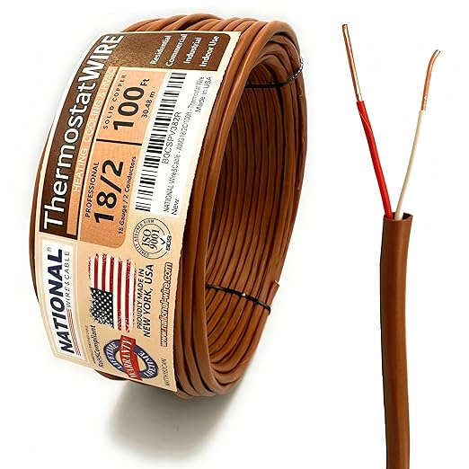 18/2 100Ft. NATIONAL Wire&Cable Thermostat Doorbell HVAC Heating Control Professional Cable Wire - Made in USA - 100% Solid Copper Conductors, CL2 ETL Listed, Low Voltage Applications Use