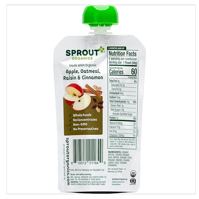 Sprout Organic Baby Food, Stage 2 Pouches, Apple Oatmeal Raisin with Cinnamon, 3.5 Oz Purees (Pack of 12)