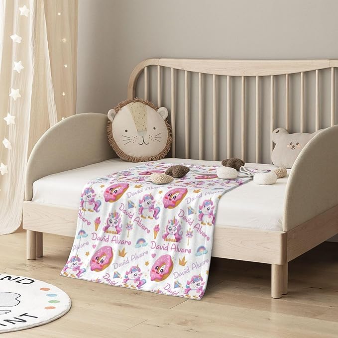 Ship Next Day Personalized Baby Blanket, Printed in USA - Custom Name Toddler Blanket with Rainbow Horse Pattern, Personalized