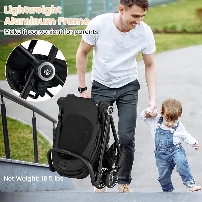 BABY JOY Baby Stroller, Foldable Toddler Stroller with Reversible Seat, Adjustable Backrest/Canopy/Handle/Footrest, Storage Basket, Suspension Wheels, Aluminum Frame (Black)